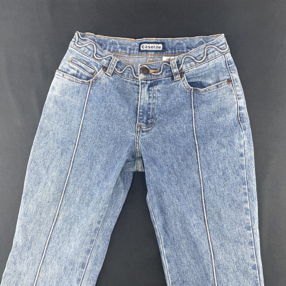 Y2K Vtg Gasoline Brand Womens 3 Flare Boot Leg Denim Jeans Swirl Stitch Festival - Picture 3 of 8